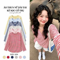 Áo Thun Giấy Dài Tay Cho Nữ Cổ Trụ Chất Liệu Cotton Giấy Kẻ Sọc Form Rộng Co Giãn Thoáng Mát Phong Cách Hàn Quốc 1