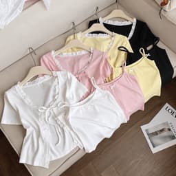 Set áo kiểu nữ gồm áo 2 dây đính nơ và áo khoác tay ngắn viền phối ren chất thun rip lụa mềm mịn, 43 65 1