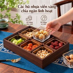 Hộp Đựng Bánh Kẹo Mứt Tết 6 Ngăn Sang Trọng, Khay Gỗ Vân Óc Chó Nắp Mica Trong Suốt, Hươu Vàng Tài Lộc Trang Trí Bàn Trà 5