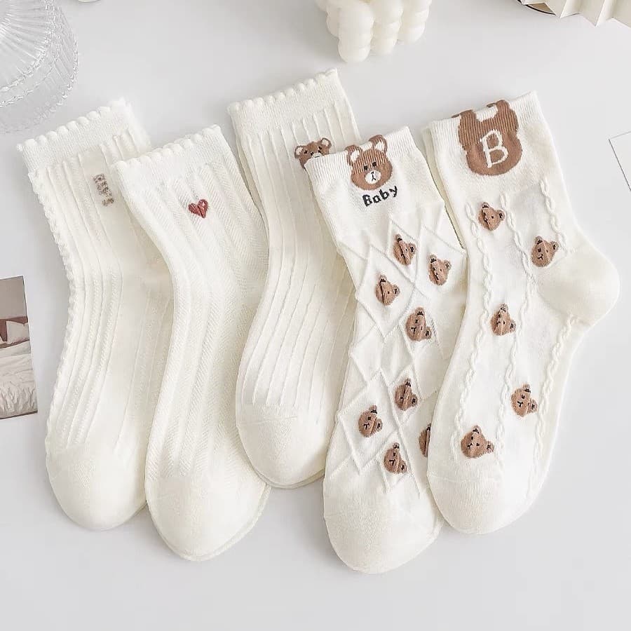 Set 5 Đôi Tất Nữ Cổ Cao Gấu Trắng Chữ B Dễ Thương Hàn Quốc TT25