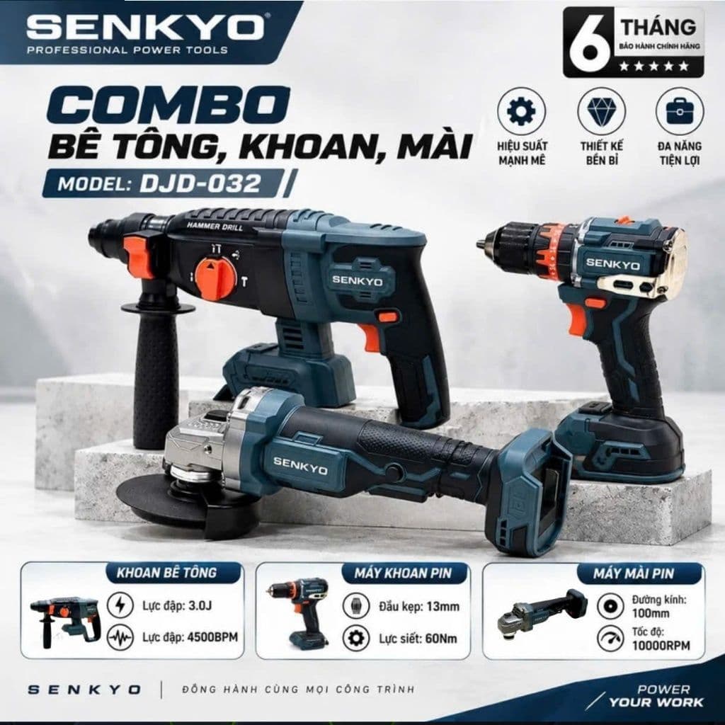 COMBO MÁY KHOAN BÊ TÔNG – KHOAN 13MM – MÀI PIN SENKYO DJD-032, ĐỘNG CƠ KHÔNG CHỔI THAN, ĐA NĂNG, CHÂN PIN PHỔ THÔNG