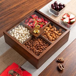 Khay Đựng Bánh Kẹo Mứt Tết 2027 Gỗ Melamine Chia 4 Và 6 Ngăn Kèm Hũ, Nắp Mica Trong Suốt, Núm Hươu Vàng Sang Trọng 5