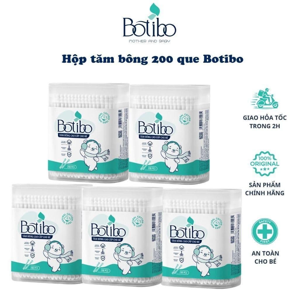 (Combo 5) Tăm bông trẻ em Botibo kids kháng khuẩn ( hộp 200 que lõi giấy) cho bé sơ sinh ngoáy tai, mũi BOTIBO KIDS