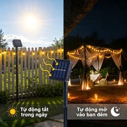 Đèn Led Trang Trí Năng Lượng Mặt Trời Hoàng Kim Dài 12m Gồm 100 Bóng Tròn, Tấm Pin Cao Cấp Có-89 5