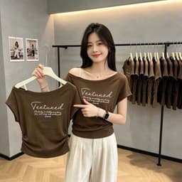 Áo thun kiểu lệch vai ngắn tay phối dây vai in chữ thời trang nữ phong cách năng động TNV01 2