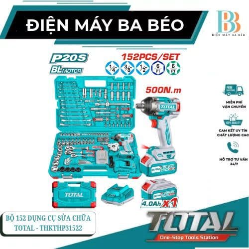 Bộ 152 dụng cụ sữa xe và  máy siết buloong 500N/m không chổi than dùng pin 20V Total THKTHP31522
