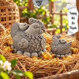 Tượng gà vàng ấp trứng đá sa thạch 1