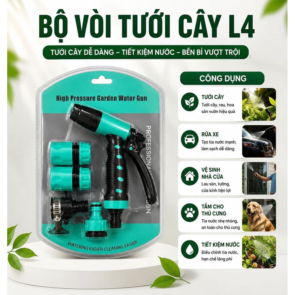 Bộ Vòi Tưới Cây Đa Năng 10 Chế Độ Phun, Xịt Rửa Xe Tưới Rau Hoa Kèm 4 Đầu Nối Ống Nước D21 Chống Rò Rỉ, Tiết Kiệm Nước