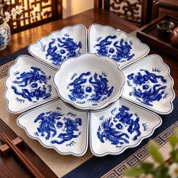 Bộ Bát Đĩa Hoa Mặt Trời Rồng Phượng Ngũ Phúc 7 Món Kèm Khay Tròn 45cm – Gốm Sứ Trắng Xanh, Họa Tiết Sang Trọng 8