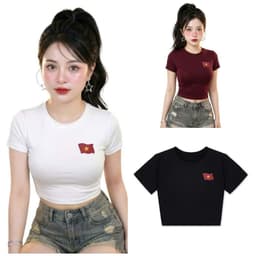 < Free size 28-45KG >Tổng hợp  Áo thun nữ croptop in hình hoạ tiết bozip co giãn hình LOGO CỜ VN. 2