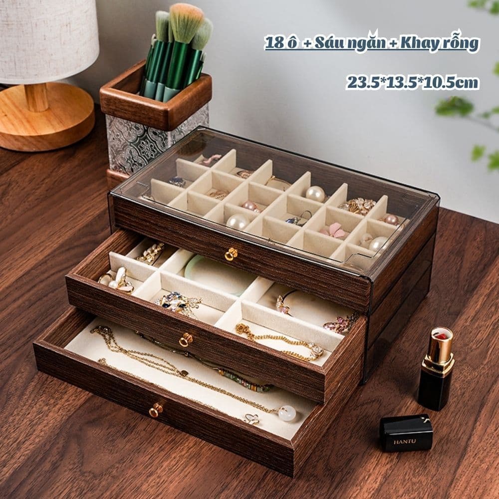Hộp Đựng Trang Sức Gỗ Lót Nhung Cao Cấp, Khay Đựng Nhẫn, Dây Chuyền, Bông Tai 3 Tầng Ngăn Kéo