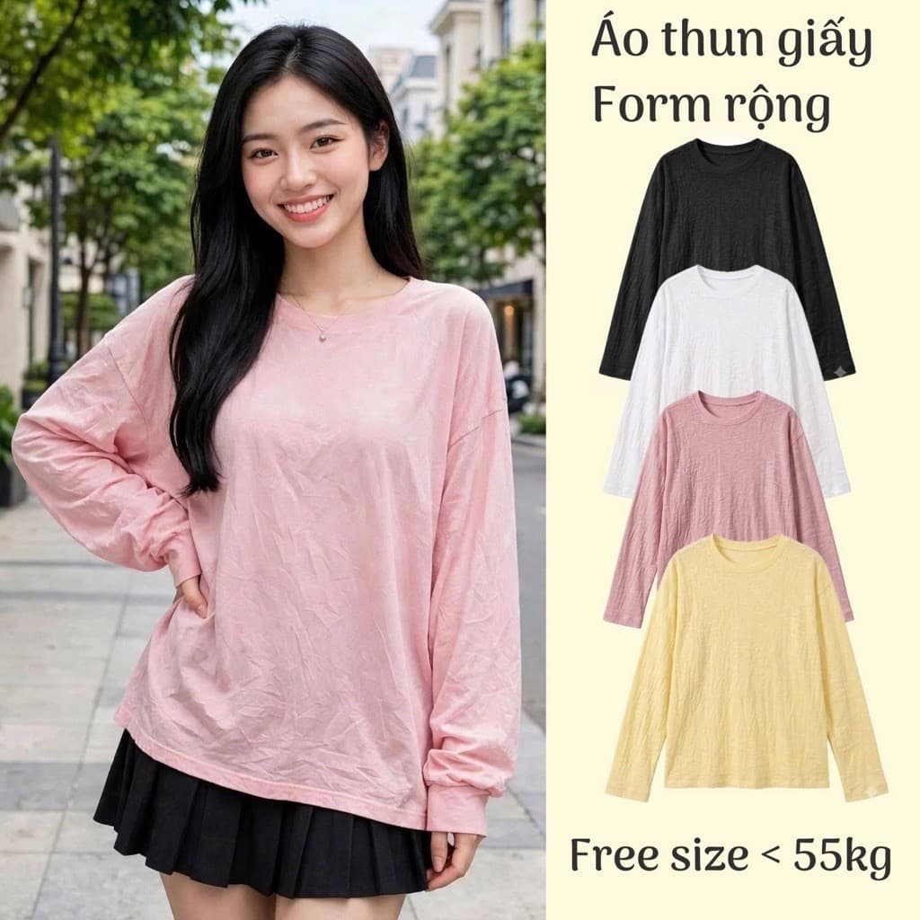 Áo thun cổ tròn dài tay thun giấy xước mỏng nữ mát mẻ hot trend form   OTG17 8 43 65