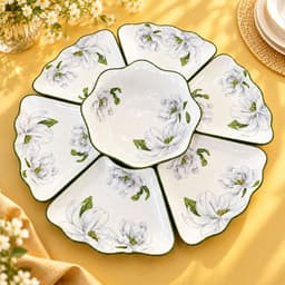 Bộ Bát Đĩa Hoa Mặt Trời 15 Món Gốm Sứ Cao Cấp, Họa Tiết Hoa Trắng Viền Xanh Kèm Khay Sen Trang Trọng,Chén Đĩa Gia Đình 5