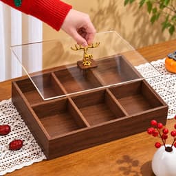Khay Mứt Tết 4 Ngăn Và 6 Ngăn, Khay Đựng Bánh Kẹo Có Nắp Đậy Hình Hươu Kèm Hũ- Gỗ Melamile Cao Cấp Sang Trọng 3