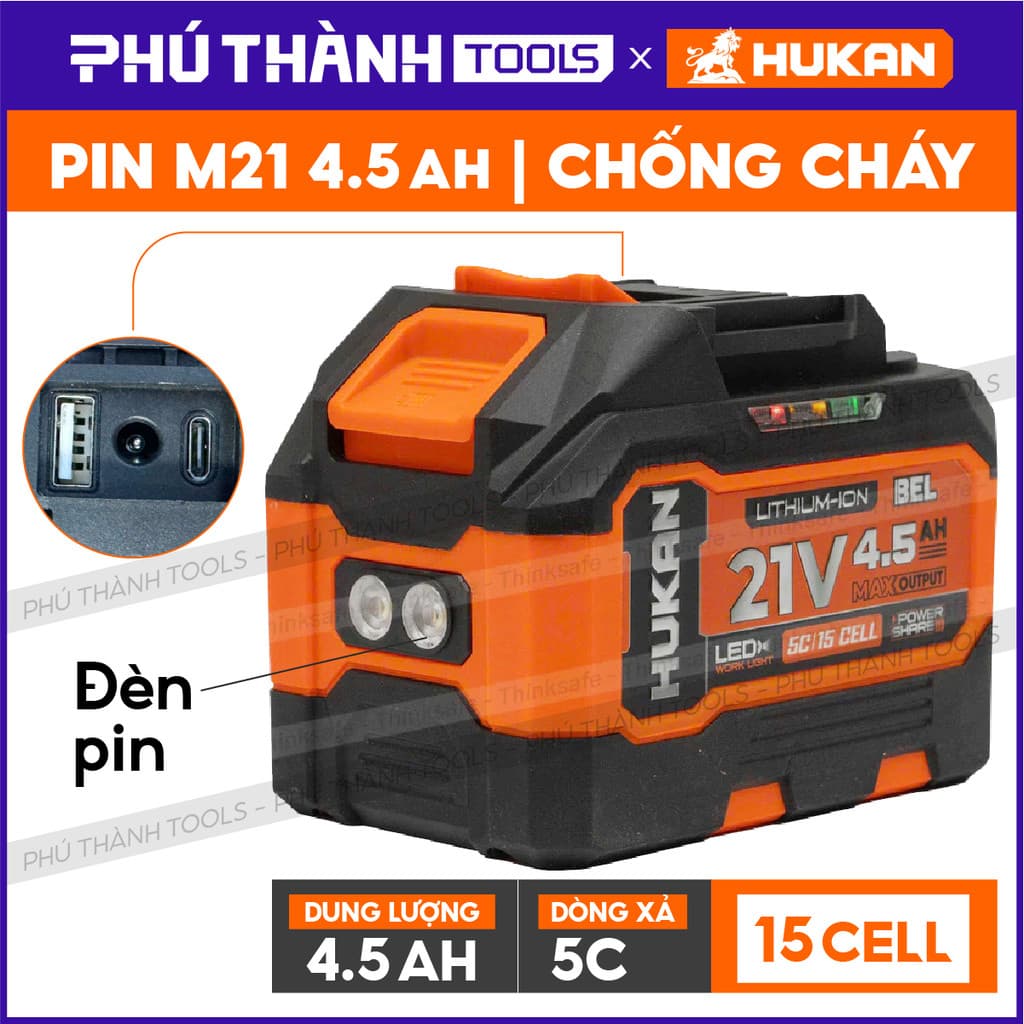 Pin HUKAN 15 Cell, Dung lượng 4.5Ah, Dòng xả 5C, Vỏ ABS chống cháy, Chân pin phổ thông