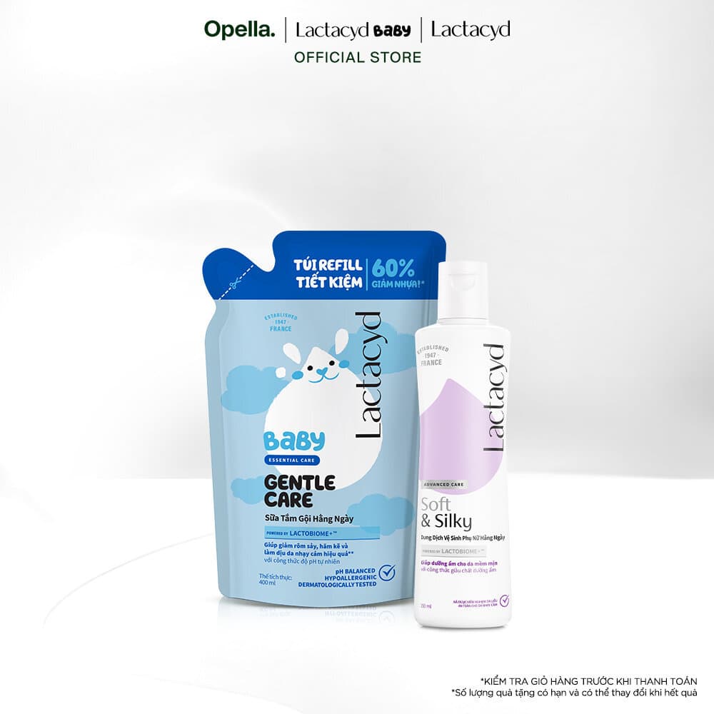 Bộ Túi Refill Lactacyd Baby Gentle Care 400ml + DDVS phụ nữ Lactacyd Soft & Silky 250ml
