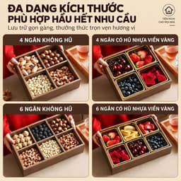 Khay mứt, khay đựng bánh kẹo tết 4 Ngăn 6 Ngăn, Hộp Mứt Tết 2027 Gỗ Melamine Vân Óc Chó, Hũ Nhựa Viền Vàng Đẹp Sang 3
