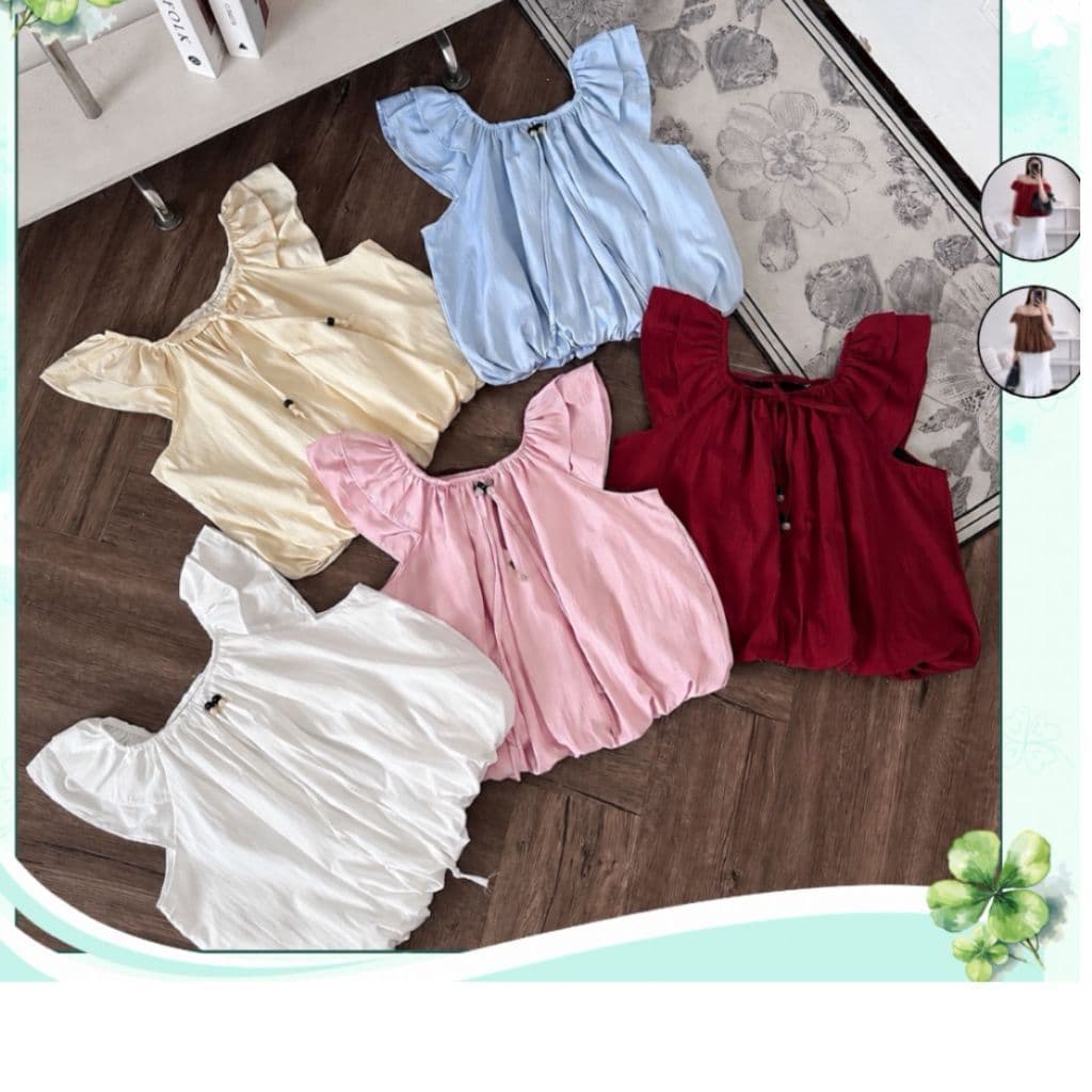 Áo Kiểu Nữ Trễ Vai Cánh Tiên Dáng Bí Chất Vải Gió Đính Nơ Xỏ Hạt95