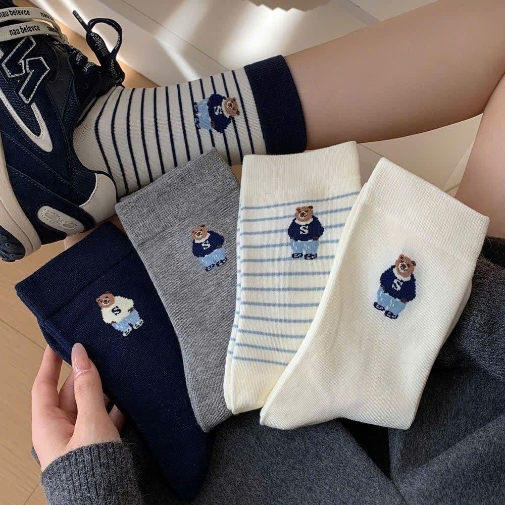 T70 Set 10 Đôi Tất Cổ Cao Họa Tiết Gấu Dễ Thương Unisex – Tất Cotton Co Giãn Thấm Hút Mồ Hôi Phong Cách Hàn Quốc