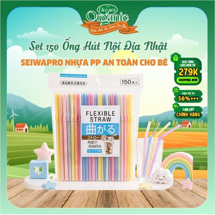[NHẬT BẢN] Set 150 Ống Hút Nội Địa Nhật SEIWAPRO - Nhựa PP Cao Cấp, Uốn Cong, An Toàn Cho Bé