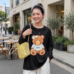 Áo thun cổ tròn tay dài form rộng chất thun giấy xước mỏng mât in gấu cài nơ  TG BEGAU 7 6