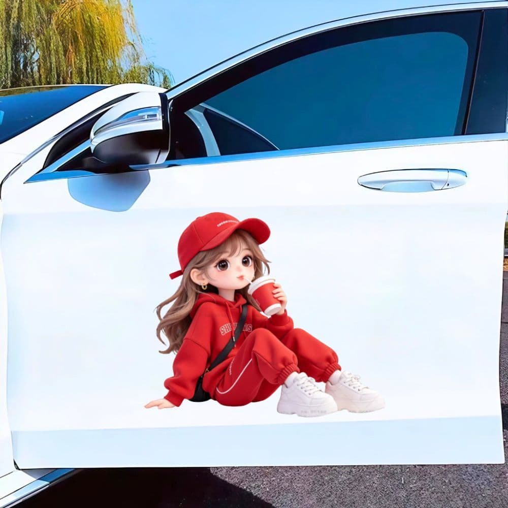 Decal Dán Xe Hơi Bé Gái Uống Cà Phê Đỏ Chống Thấm Nước, Phụ Kiện Xe Hơi Thời Trang