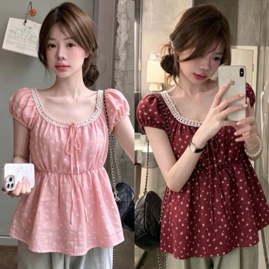 Áo kiểu nữ cổ vuông thắt nơ viền ren in hoa nhí xinh xắn H4GB 