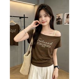 Áo thun kiểu lệch vai ngắn tay phối dây vai in chữ thời trang nữ phong cách năng động TNV01 3