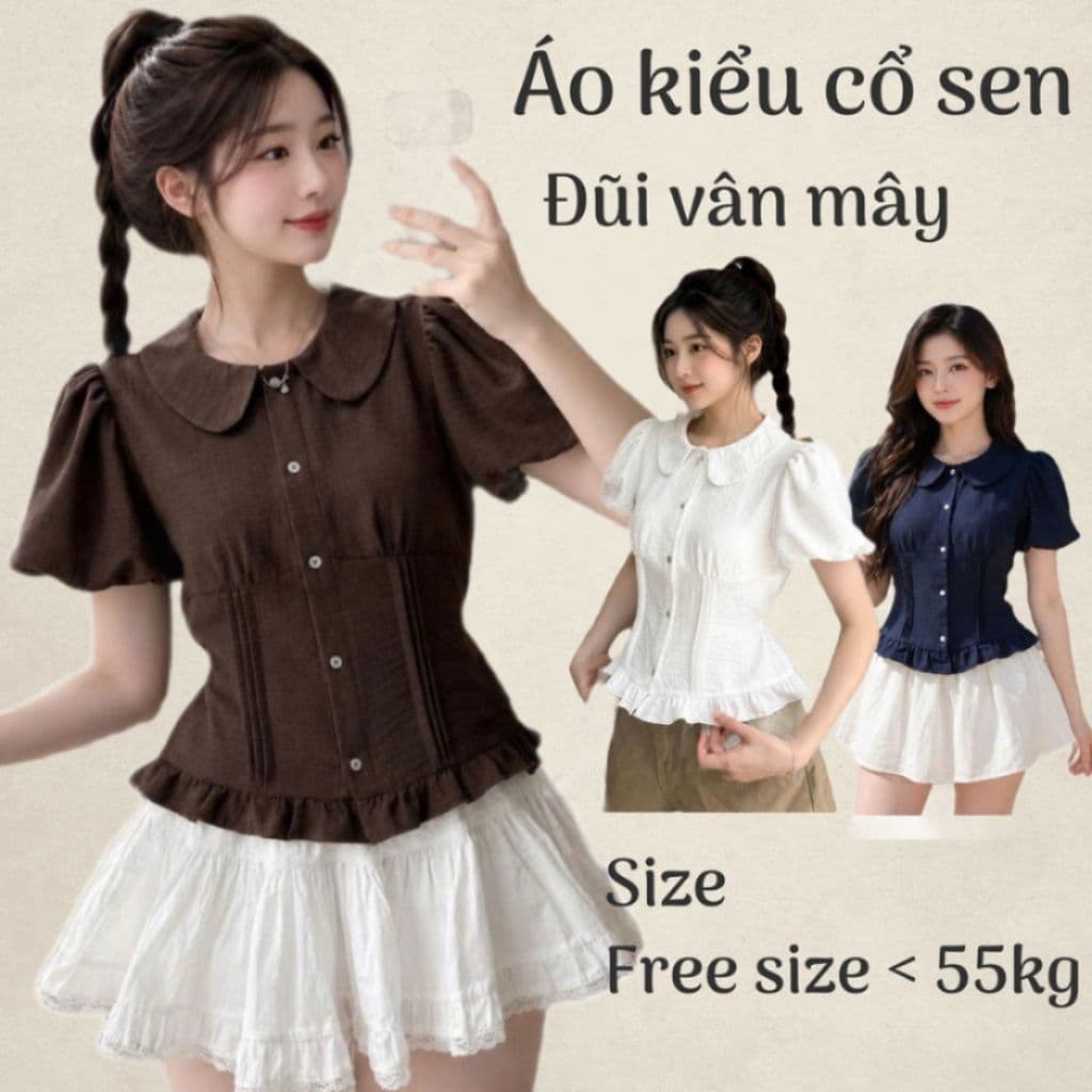 Áo kiểu sơ mi cổ sen tay bồng cúc dọc phối bèo có dây chiết eo tôn dáng AD38
