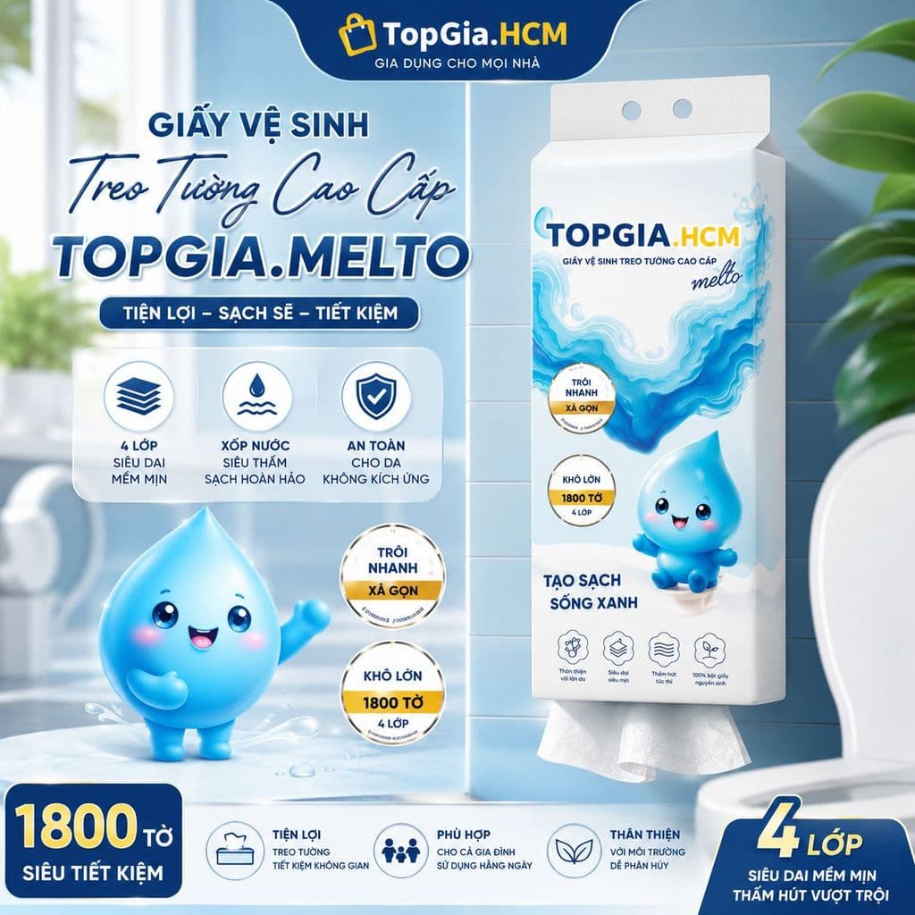 Giấy vệ sinh 1800 tờ treo tường cao cấp TopGia Melto, 4 lớp dập vân 4D, mềm mịn, an toàn và tiện lợi cho gia đình.