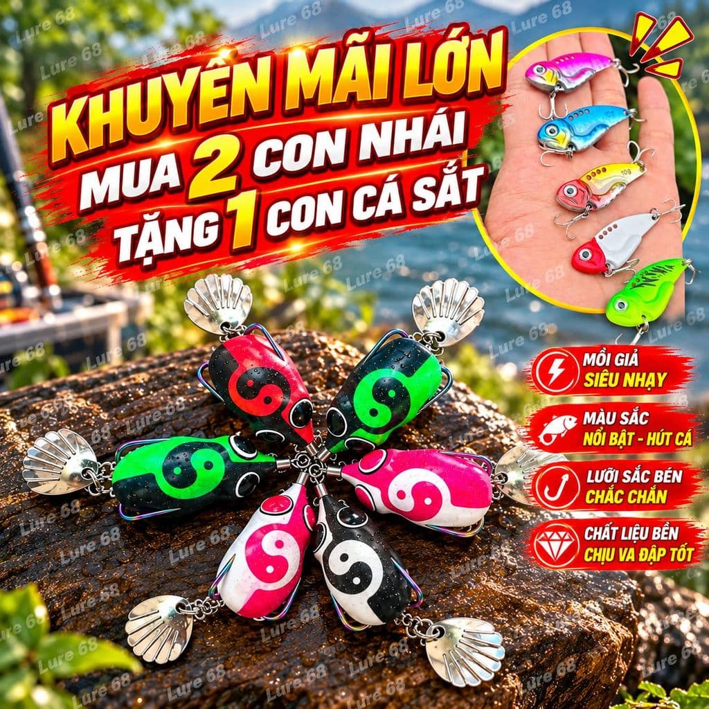 Nhái Hơi Hắc Bạch Âm Dương Bát Quái 6g Lưỡi Titan – Mồi Lure Action Nổi Săn Cá Lóc Cá Chẽm, Mua 2 Tặng 1 Cá Sắt