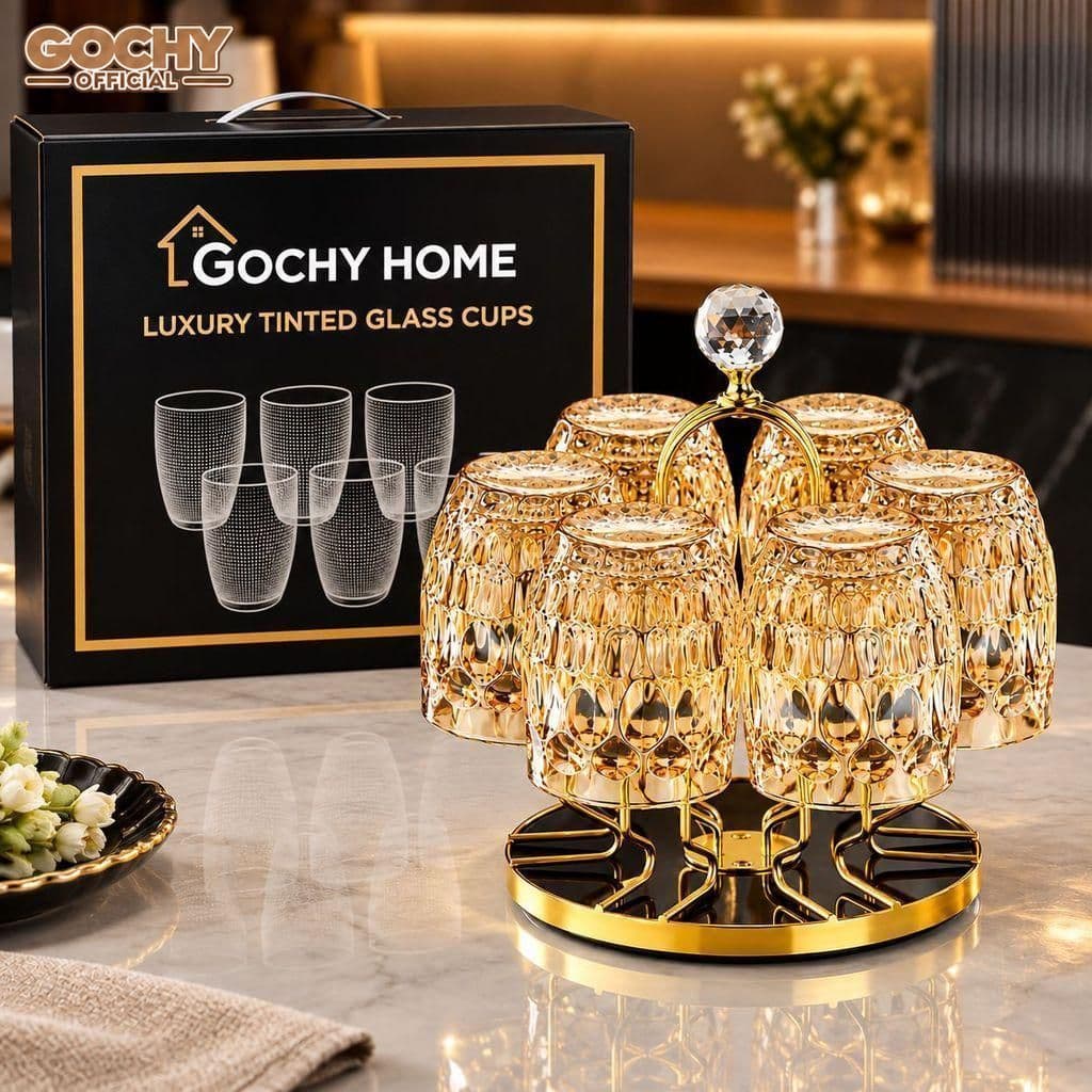 Bộ 6 Ly Thủy Tinh GOCHY HOME 300ml Vân Ong Dập Nổi 3D, Cốc Uống Nước Soda-Lime Không Chì, Dày Dặn Sang Trọng- Mix Vàng