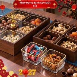 Khay Mứt Tết 4 Ngăn Và 6 Ngăn, Khay Đựng Bánh Kẹo Có Nắp Đậy Hình Hươu Kèm Hũ- Gỗ Melamile Cao Cấp Sang Trọng 8