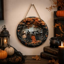 LINSBAYWU Trang trí cửa Halloween, Trang trí tường phẳng 2D bằng gỗ, Nghệ thuật treo tường Ma bí ngô mèo phù thủy hình tròn treo trang trí tiệc Halloween 7