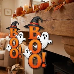 HOUCHU Halloween Ma Mặt Dây, Gỗ 2D Flat Ma Phù Thủy Mũ Móc Treo Cửa, Trang Trí Ngày Lễ Gothic Dày Gỗ Chắc Chắn Có Dây BOO Thư Trang Trí Tường Trang Trí Nhà 3