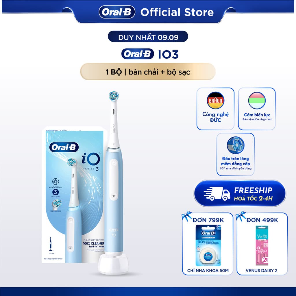 [KOL] Bàn Chải Điện Oral B iO3 Làm Sạch Sâu Từng Kẽ Răng,Công Nghệ Chuyển Động 360 Độ, Nhập Khẩu Đức