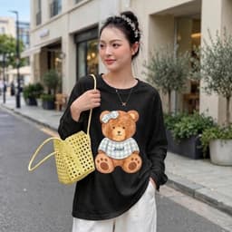 Áo thun cổ tròn tay dài form rộng chất thun giấy xước mỏng mât in gấu cài nơ  TG BEGAU 7 3