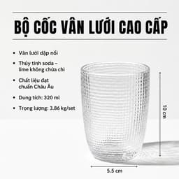 Bộ 6 cốc thủy tinh Vân Lưới Dập Nổi Màu Trắng Sang Trọng Dung Tích 340ml- Tặng Kèm Hộp 2