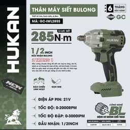 Máy siết bulong pin HUKAN GC-IWL285S, Không chổi than, 285 Nm, Đầu bulong 1/2 Inch 2 trong 1 2