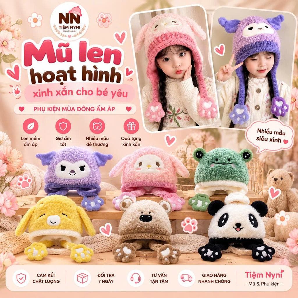 Mũ len lông che tai cho bé 3-10 tuổi con vật đáng yêu siêu ấm, siêu đẹp