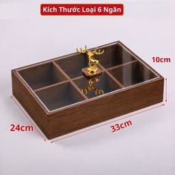 Khay Đựng Bánh Kẹo Mứt Tết 2027 Cao Cấp 6 Ngăn, Hộp Gỗ Màu Óc Chó Nắp Trong Suốt Núm Hươu Vàng Sang Trọng 8