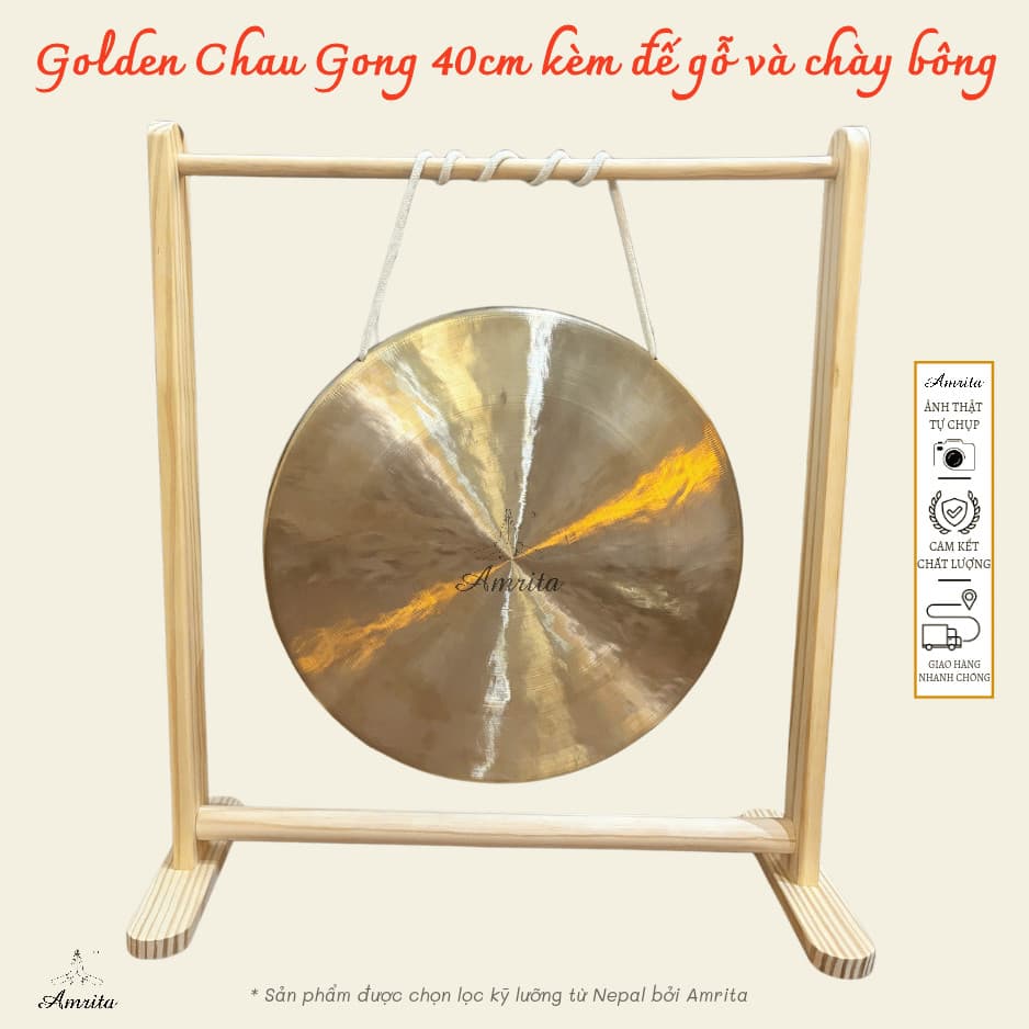 [Amrita] [Hàng Sẵn] Golden Chau Gong 40cm kèm đế gỗ và chày bông - CXNP531