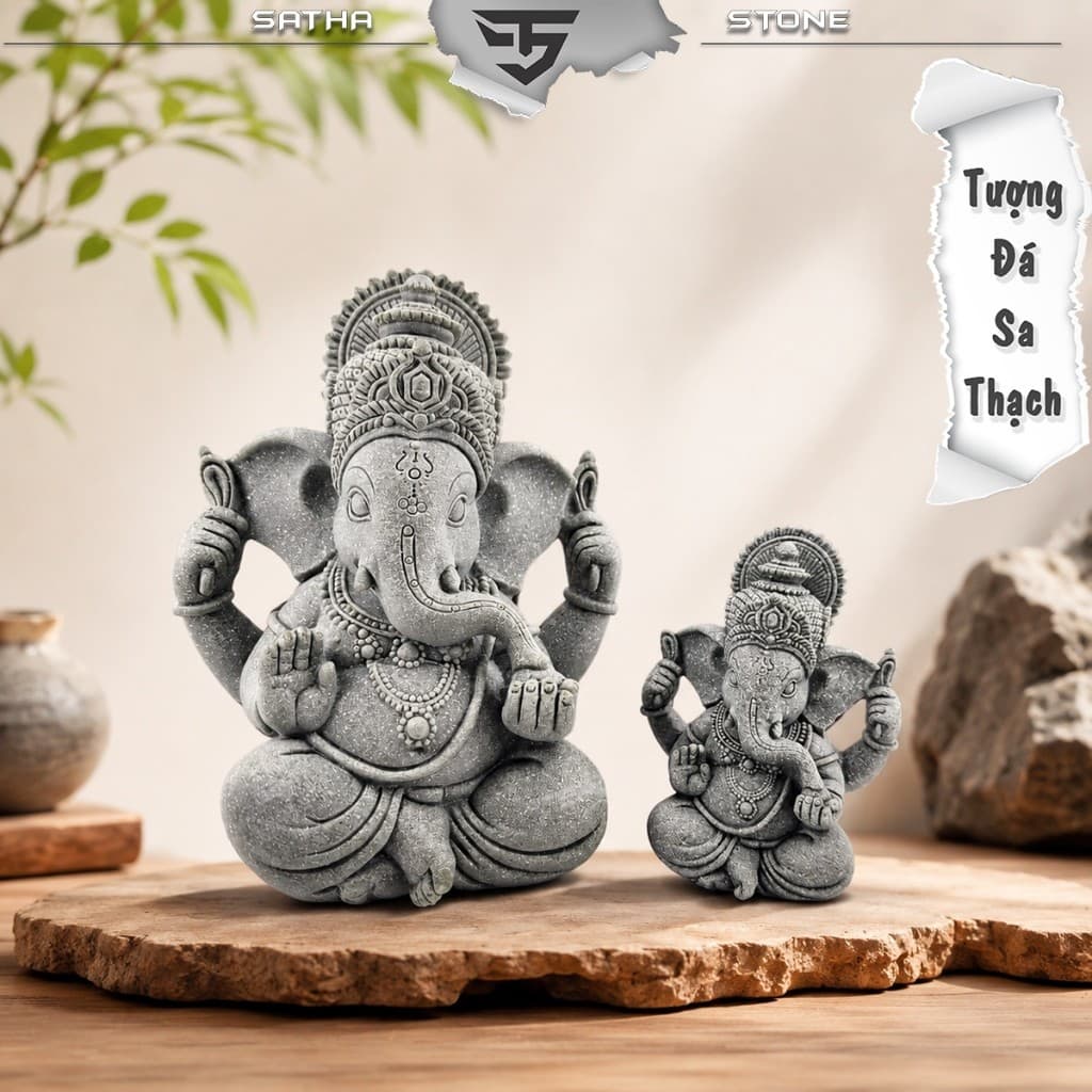 Tượng thần voi Ganesha đá sa thạch xanh -  Tượng deco, trang trí tiểu cảnh, bán cạn, terrarium