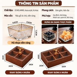 Khay Đựng Bánh Kẹo Mứt Tết 4 Ngăn 6 Ngăn Cao Cấp, Hộp Gỗ Màu Óc Chó Nắp Trong Suốt, Tượng Hươu Vàng Sang Trọng 7