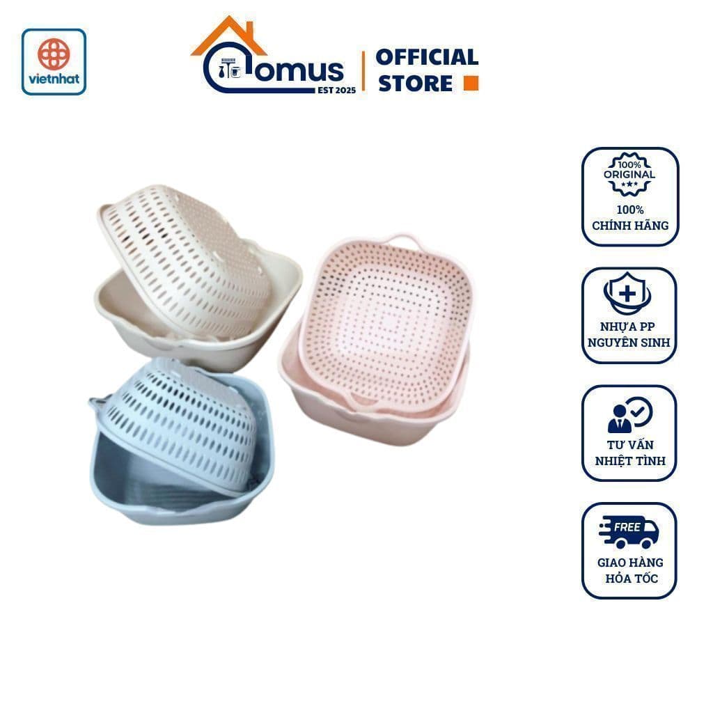 Bộ Rổ Nhựa Vuông Kèm Thau Đựng Rau Củ Quả VIỆT NHẬT 3288/89/90  - DOMUS