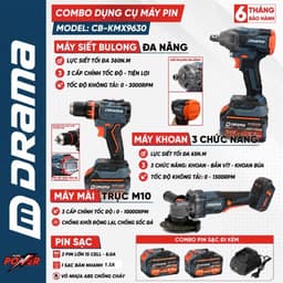 [COMBO 6 MÓN] Máy Khoan + Siết Bulong + Mài Pin DRAMA CB-KMX9630, 2 Pin 15 Cell 6.0Ah, BH 6 Tháng 1