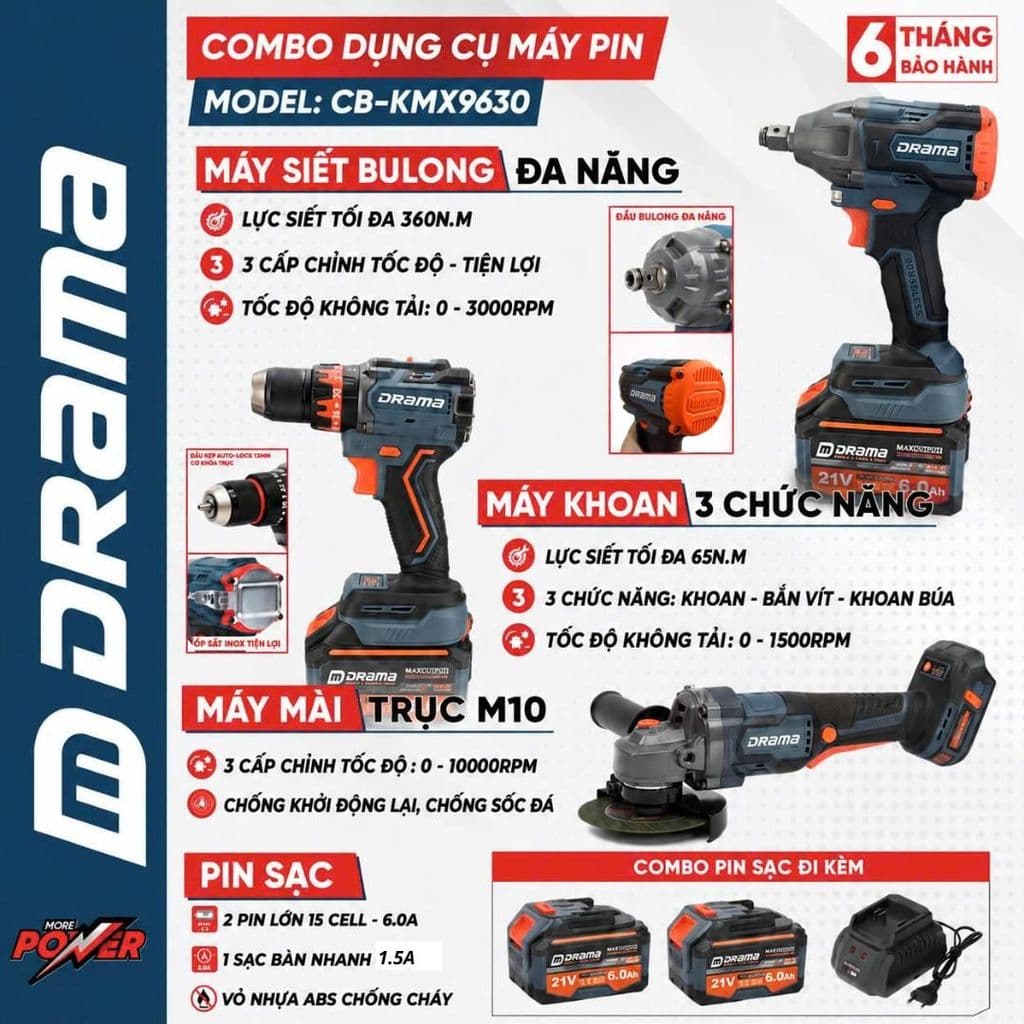 [COMBO 6 MÓN] Máy Khoan + Siết Bulong + Mài Pin DRAMA CB-KMX9630, 2 Pin 15 Cell 6.0Ah, BH 6 Tháng