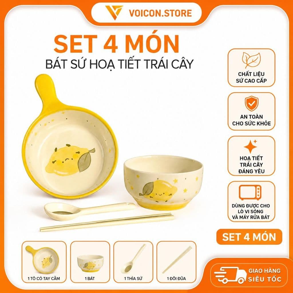 SET 4 MÓN BÁT SỨ HOẠ TIẾT TRÁI CÂY CHANH VÀNG ( Bát Chuôi Tay Cầm + Bát Con + Thìa Sứ + Đũa ).VOICON-[BIN99]