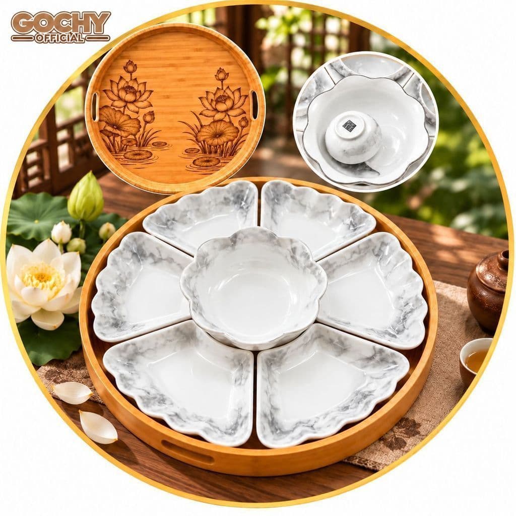Bộ bát đĩa hoa mai vàng sứ cao cấp Set đĩa hoa mặt trời 45cm gốm sứ chịu nhiệt Bộ đĩa thờ cúng