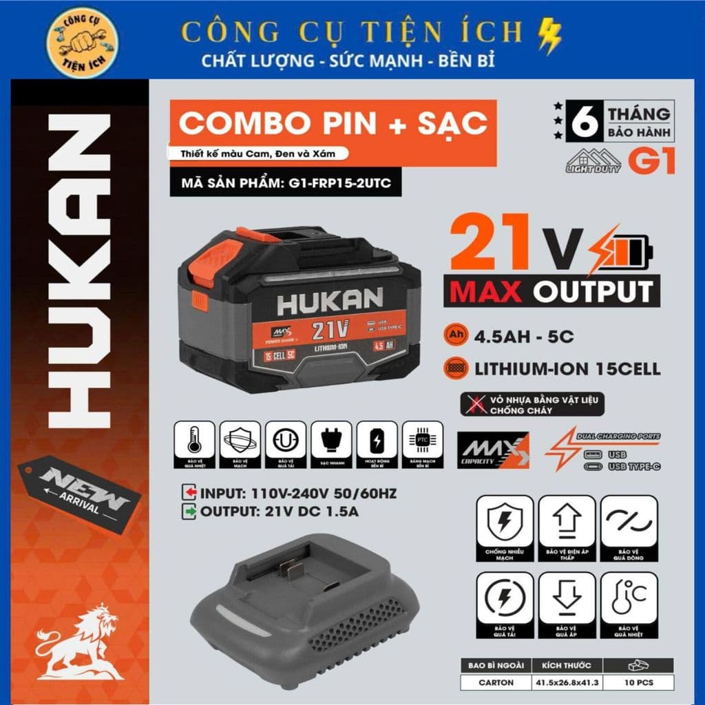 [TẶNG SẠC] Pin 15 Cell HUKAN G1-FRP15-2UTC – 21V 4.5Ah - 5C, 2 Cổng USB & Type C, Chân Pin M21